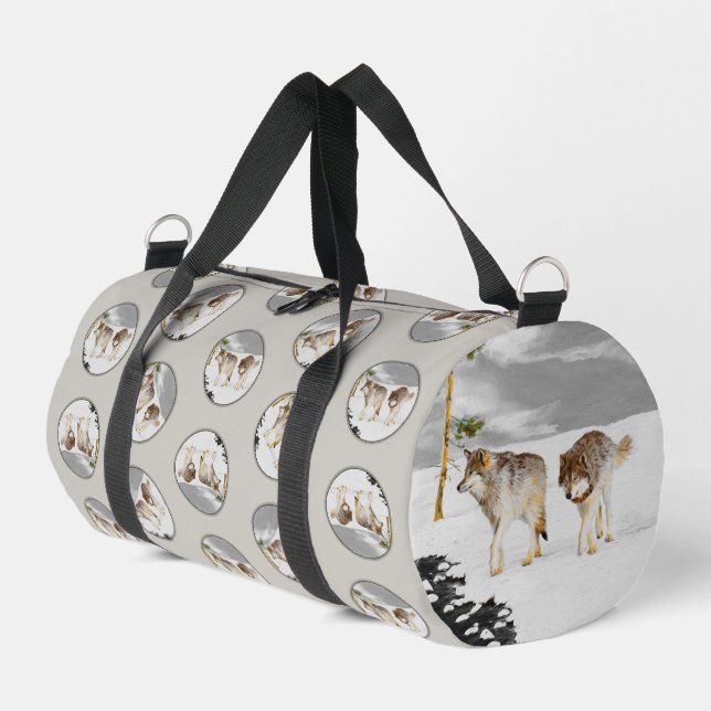 Wolves Winter Snow Painting Original Wildlife Art Duffle Bag (Left Corner)