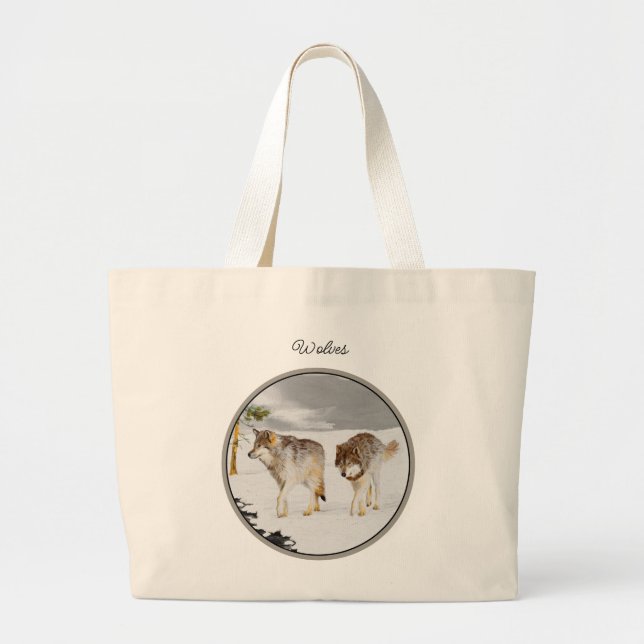 Wolves Winter Snow Painting Original Wildlife Art Large Tote Bag (Front)