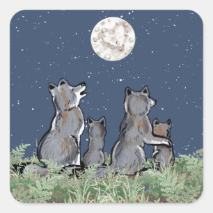 Wolves Wolf Howling at Moon, Night Stars Animal Square Sticker