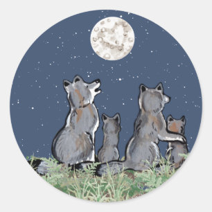 Wolves Wolf Pack Howling at Moon, Night Stars Classic Round Sticker