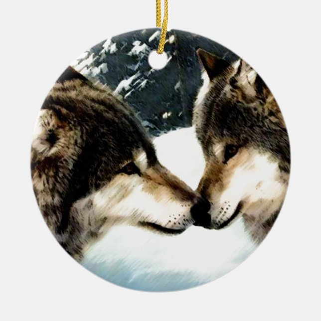 Wolves Wolf  Snow Winter Snow Couple Love Ceramic Tree Decoration (Front)
