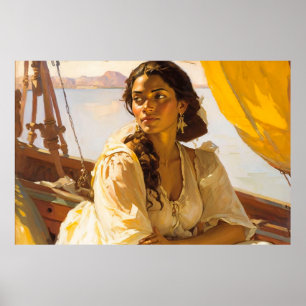 Woman Aboard Sailing Ship on a Sunny Day Poster