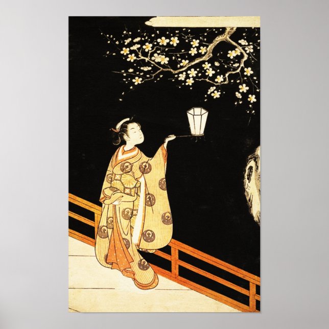 Woman Admiring Plum Blossoms at Night  Poster (Front)