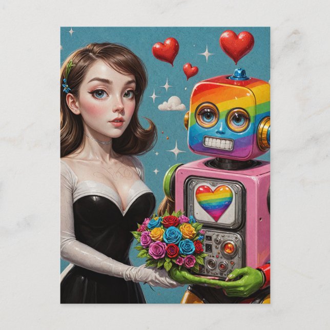 Woman and a Rainbow Robot Wedding Postcard (Front)