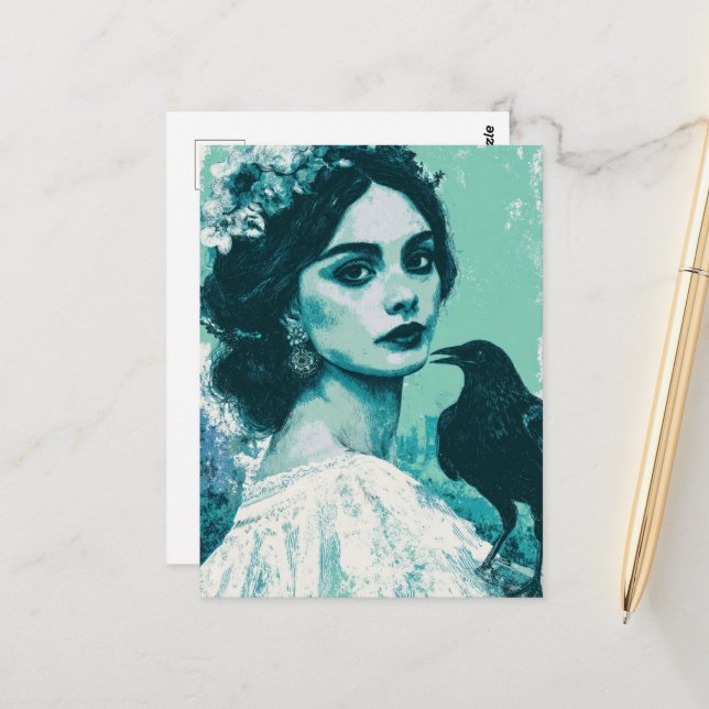 Woman and a Raven  Postcard (Front/Back In Situ)