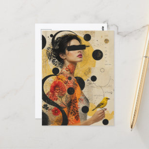 Woman and a Yellow Bird Collage Postcard