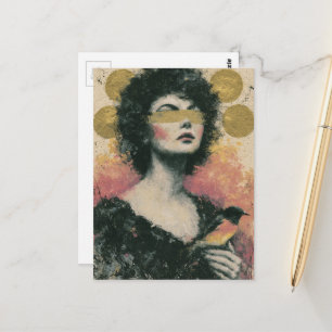Woman and Bird Mixed Media Collage Postcard