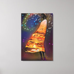 Woman and Birds Art Sunset Canvas Print - Painting