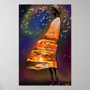 Woman and Birds Art Sunset Poster Print - Painting