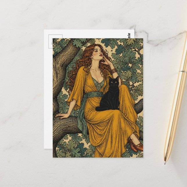 Woman and Black Cat in a Tree Postcard (Front/Back In Situ)