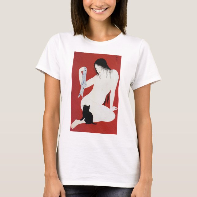 Woman and Black Kitten, Takahashi Shotei T-Shirt (Front)
