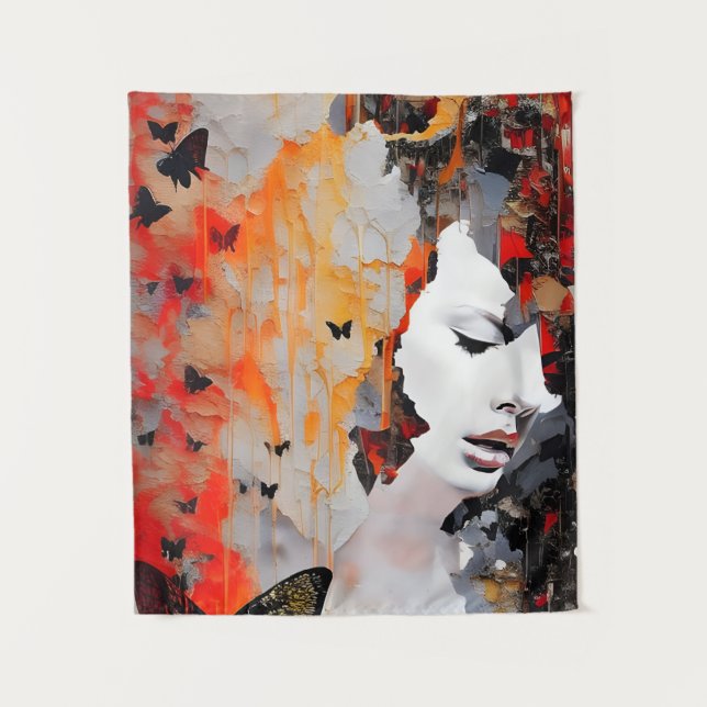 Woman and Butterflies Grunge Painting Tapestry (Front)