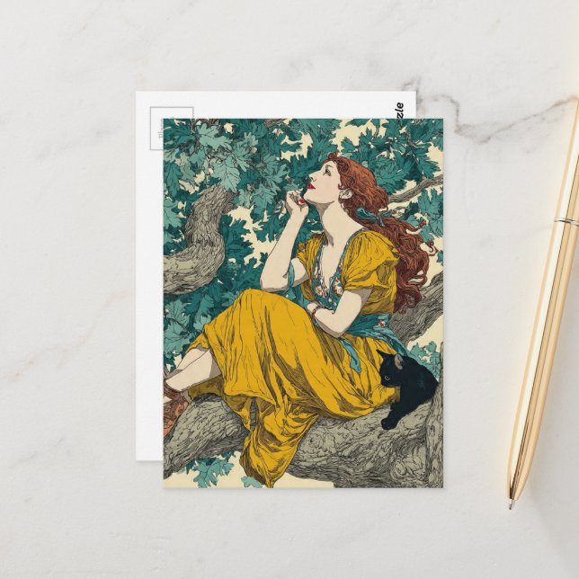 Woman and Cat in a Tree Postcard (Front/Back In Situ)