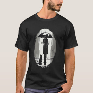 Woman and Cat in the Rain with Umbrella Vintage Ca T-Shirt