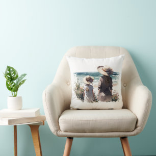 Woman and Child At the Seashore Cushion