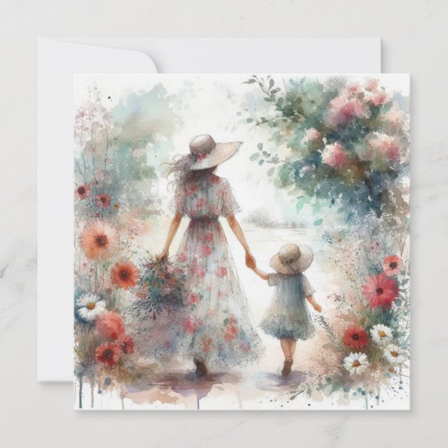 Woman and Child in Garden of Flowers Mother's Day Card (Front)