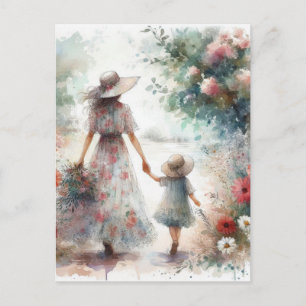 Woman and Child in Garden of Flowers Mother's Day Postcard