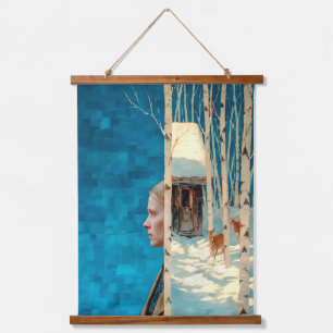 Woman and deer in snowy birch forest by cabin hanging tapestry