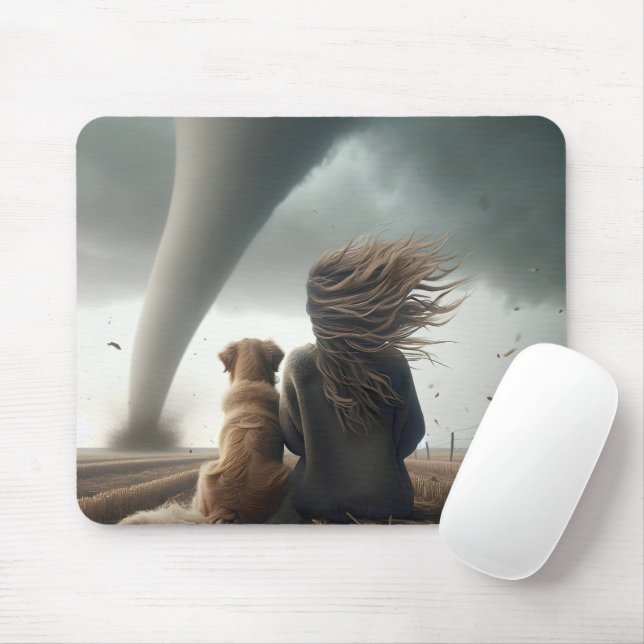 Woman and Dog Watching a Tornado Mouse Mat (With Mouse)