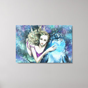 Woman and Dolphin Friends Canvas Print - Painting