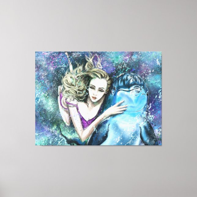 Woman and Dolphin Friends Canvas Print - Painting (Front)
