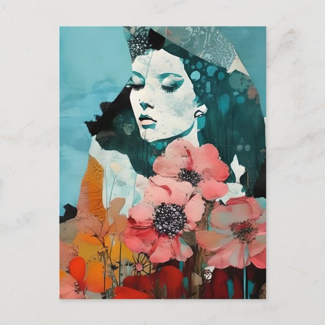 Woman and Flowers Abstract Collage Postcard (Front)
