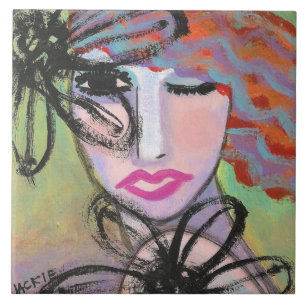 Woman and Flowers Abstract Painting Tile