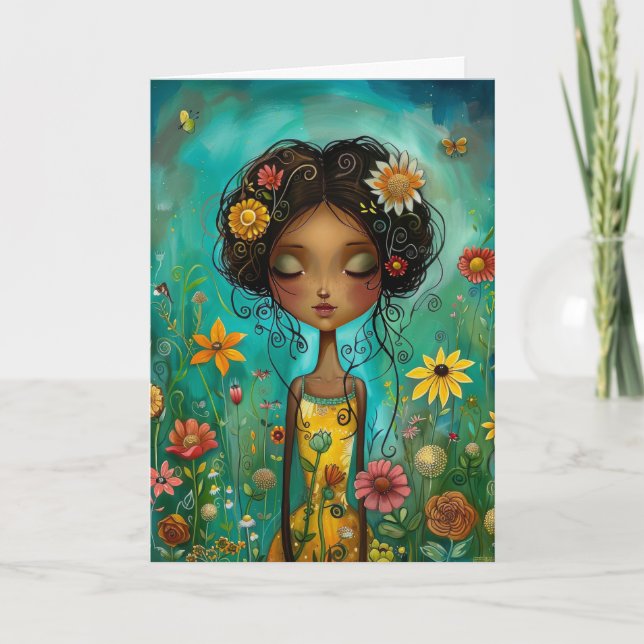 Woman and Flowers Illustration Style Hello Greetin Card (Front)