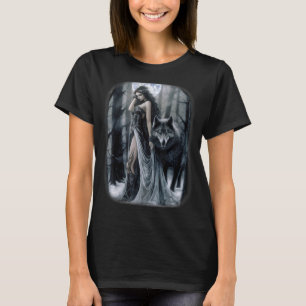 Woman and Grey Wolf in Forest Moon Fantasy Art Pai T-Shirt