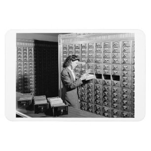 Woman and Library Card Catalog Vintage Magnet