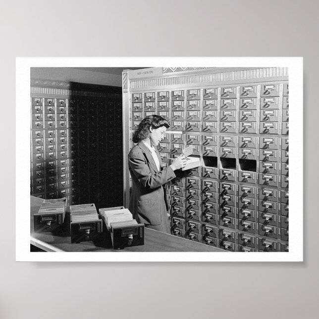 Woman and Library Card Catalog Vintage Poster (Front)