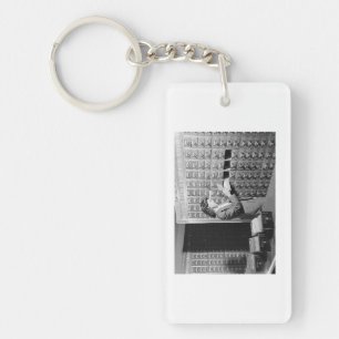 Woman and Library Card Catalogue Vintage Style Key Ring