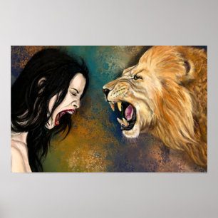 Woman and Lion Scream Poster - Painting