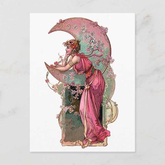 Woman and moon, art nouveau, romantic vintage postcard (Front)