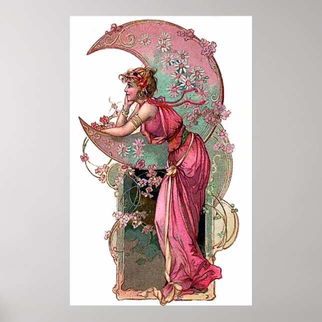 Woman and moon, art nouveau, romantic vintage poster (Front)