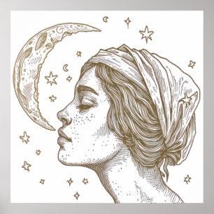 Woman and moon drawing poster