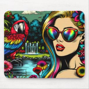 Woman and Parrot in the Park Pop Art Mouse Mat