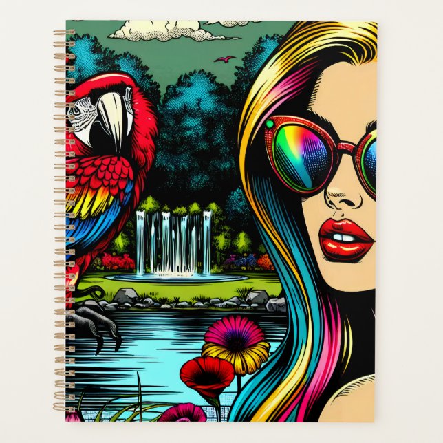 Woman and Parrot in the Park Pop Art  Planner (Front)