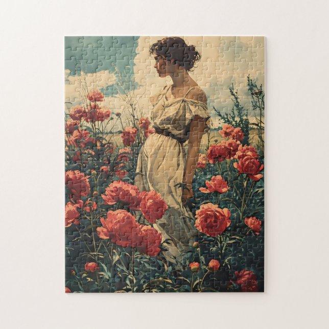 Woman and Peonies Vintage Jigsaw Puzzle (Vertical)