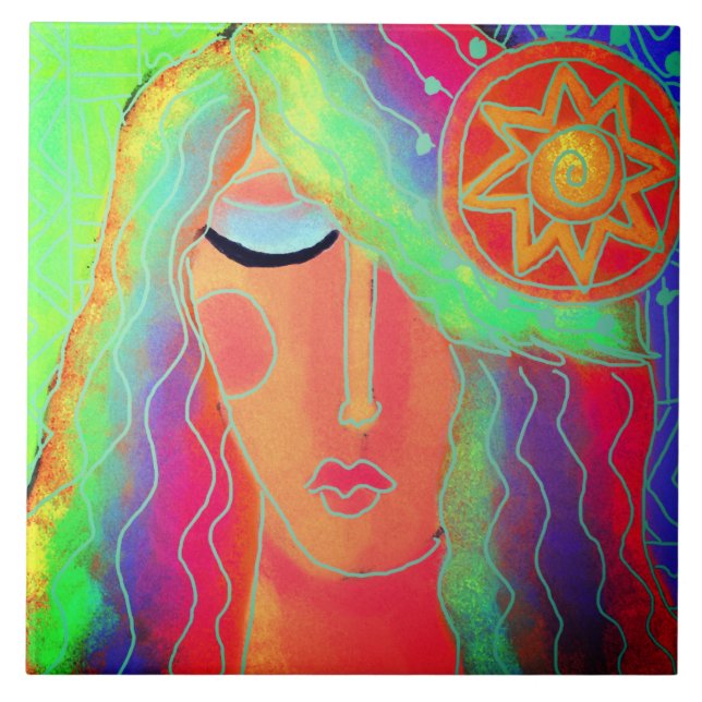 Woman and the Sun Abstract Digital Painting  Tile (Front)