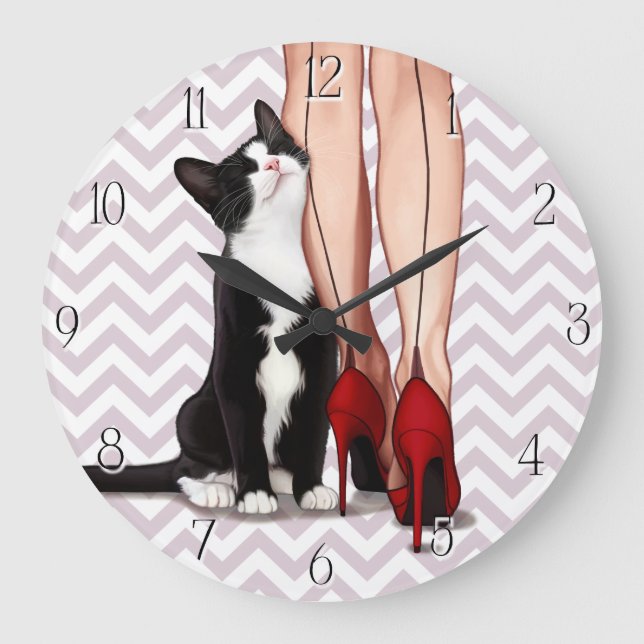 Woman and Tuxedo Cat Large Clock (Front)