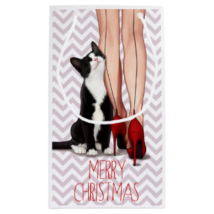 Woman and Tuxedo Cat Small Gift Bag