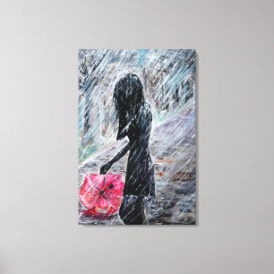 Woman and Umbrella In Rain Storm Canvas Print