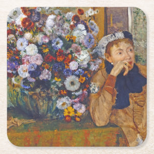 Woman and Vase of Flowers, Edgar Degas Square Paper Coaster