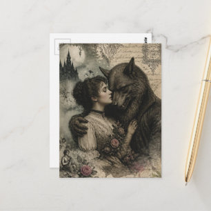 Woman and Werewolf in Love Vintage Postcard