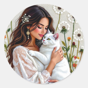 Woman and White Cat and Dandelions Classic Round Sticker