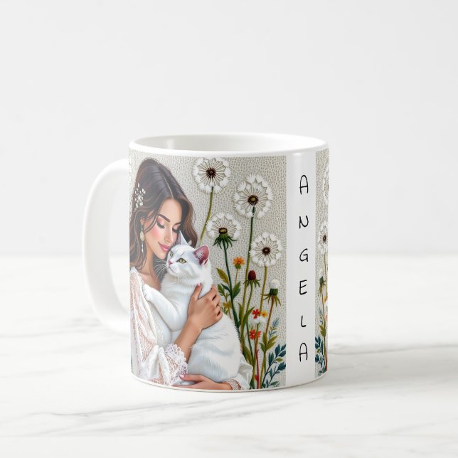 Woman and White Cat and Dandelions  Coffee Mug (Front Left)