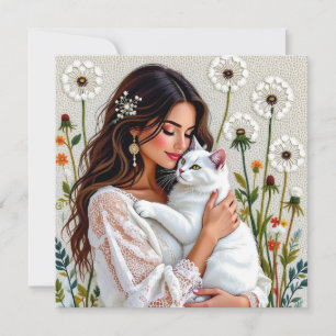 Woman and White Cat and Dandelions Holiday Card