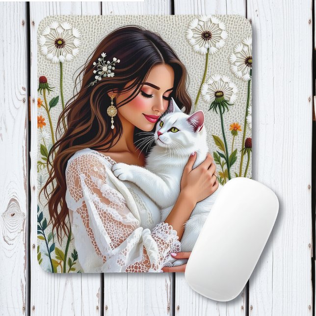 Woman and White Cat and Dandelions  Mouse Mat (Creator Uploaded)