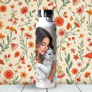 Woman and White Cat and Dandelions  Water Bottle